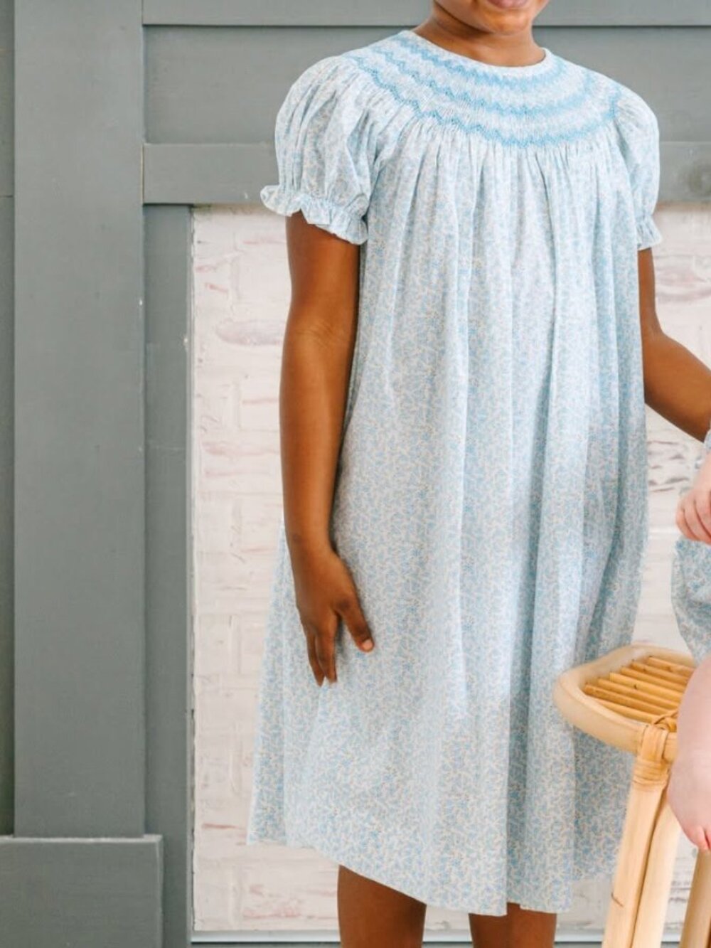 Stitchy Fish Blue Blooms Puff Sleeve Smocked Dress, White - 5 bishop floral
